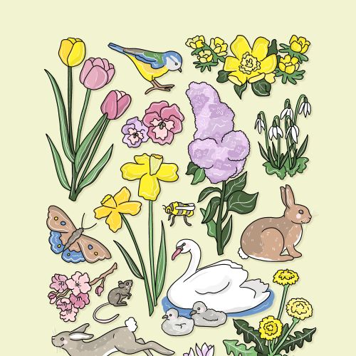 Floral spring landscape with wildlife and greenery