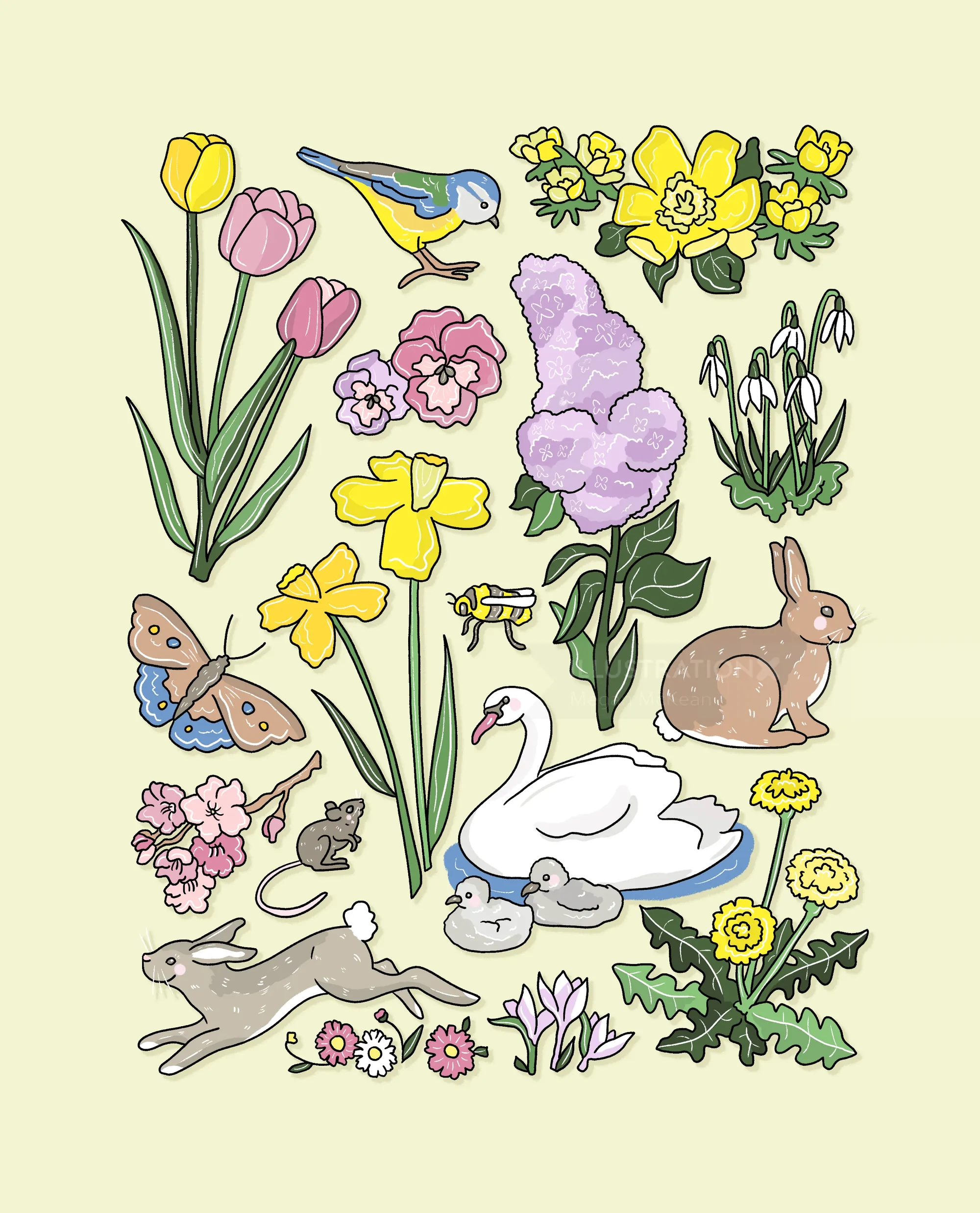 Floral spring landscape with wildlife and greenery