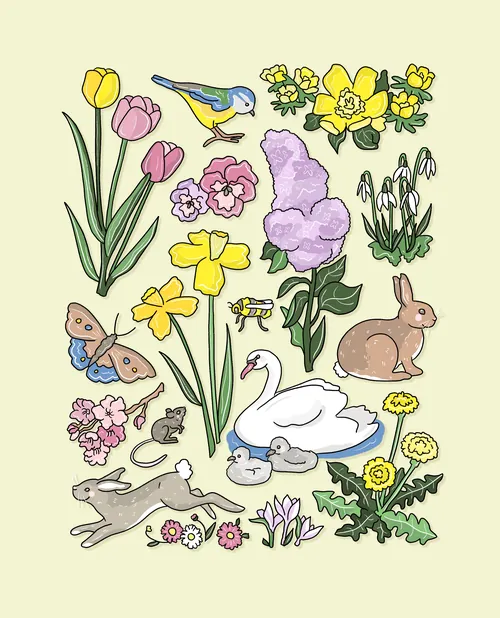 Floral spring landscape with wildlife and greenery