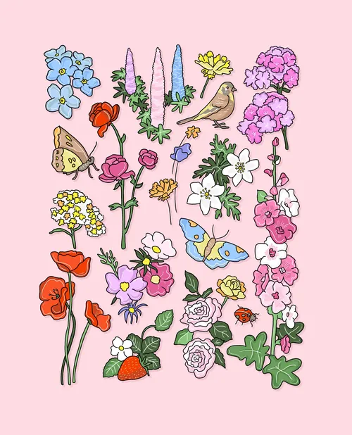 Colourful summer nature illustration with floral garden