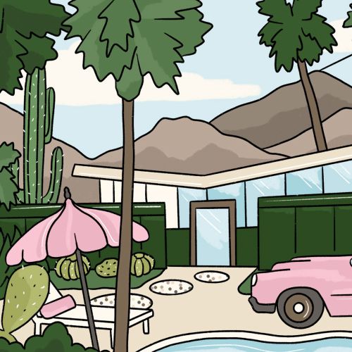 Palm Springs poolside scene with pink vintage car and palm trees by Megan McKean