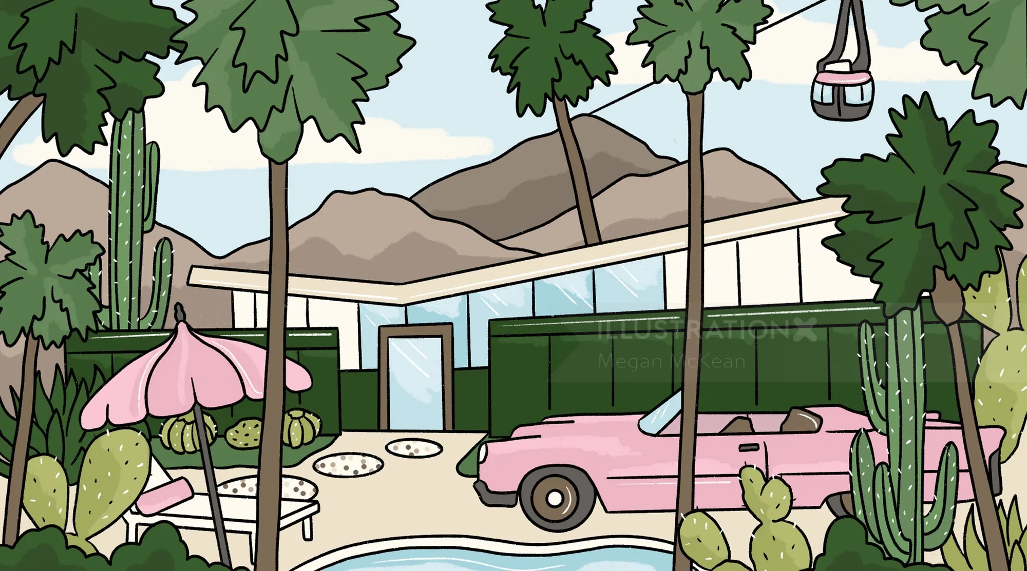 Palm Springs poolside scene with pink vintage car and palm trees by Megan McKean