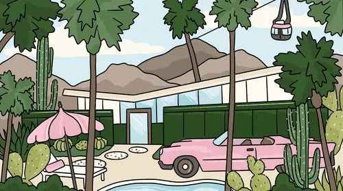Palm Springs poolside scene with pink vintage car and palm trees by Megan McKean