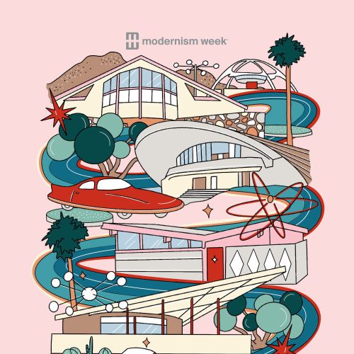 Modernist buildings and space-themed elements, illustration by Megan McKean