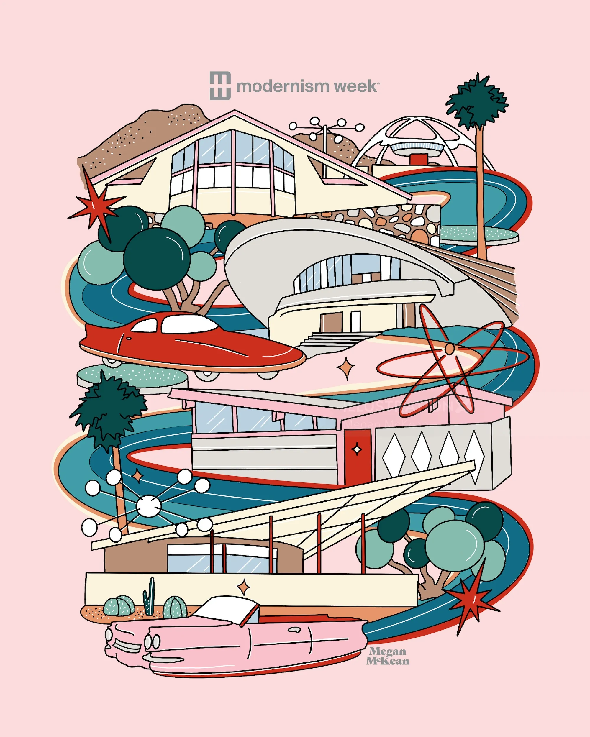 Modernist buildings and space-themed elements, illustration by Megan McKean