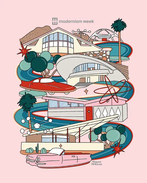 Modernist buildings and space-themed elements, illustration by Megan McKean