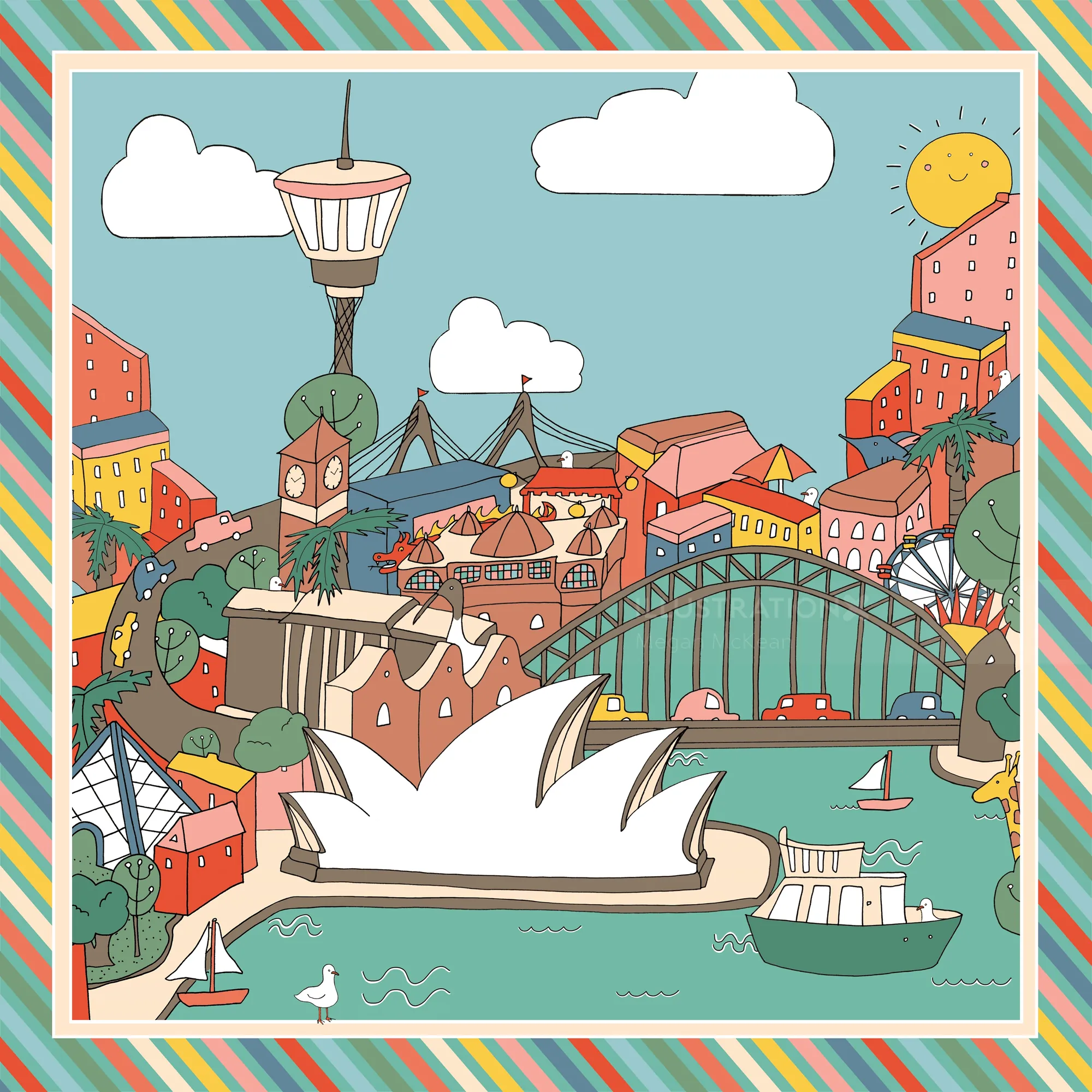 Illustration of Sydney Harbour with Opera House and bridge by Megan McKean