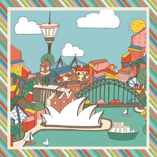 Illustration of Sydney Harbour with Opera House and bridge by Megan McKean