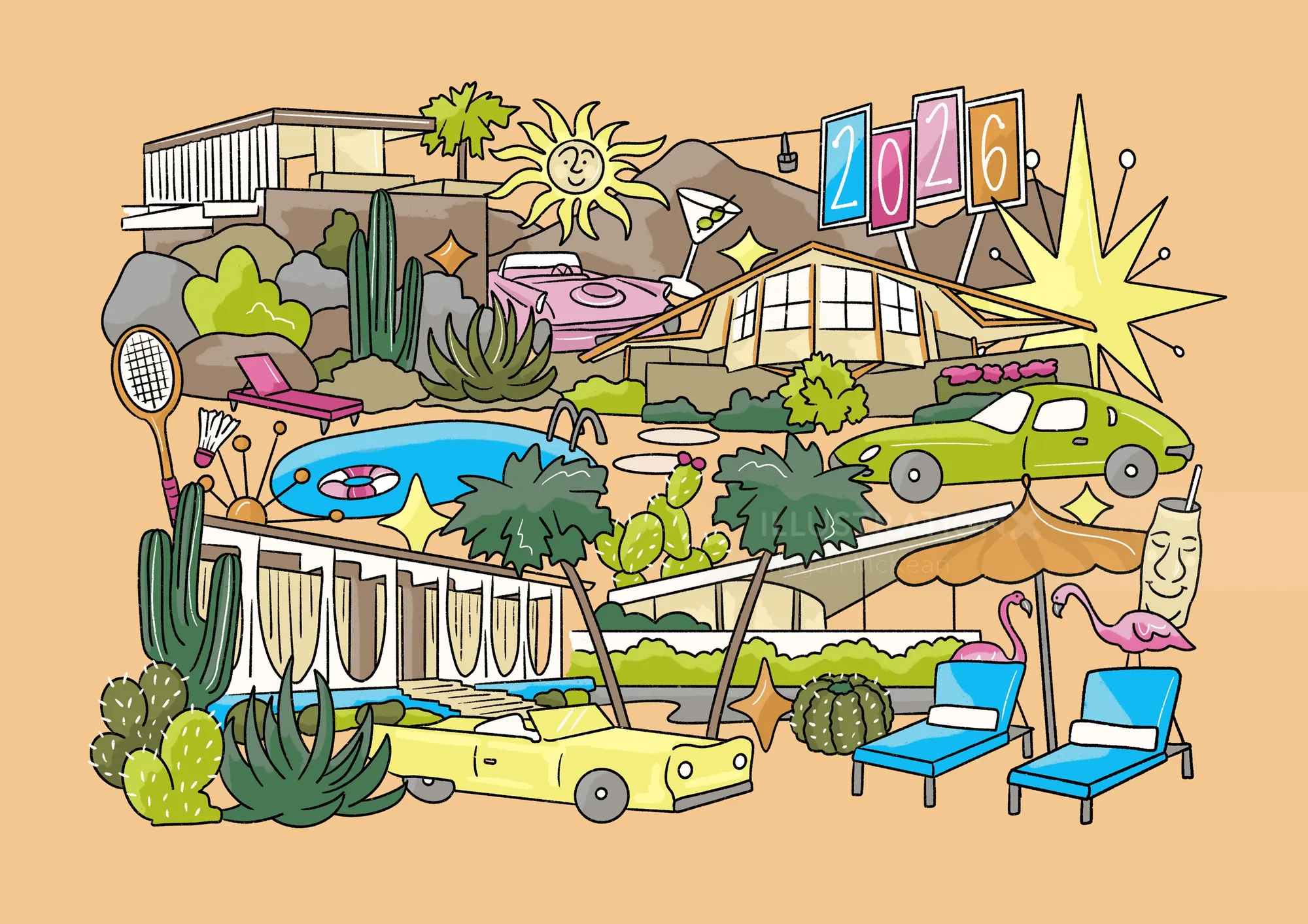 Mid-century modern architecture illustration in Palm Springs