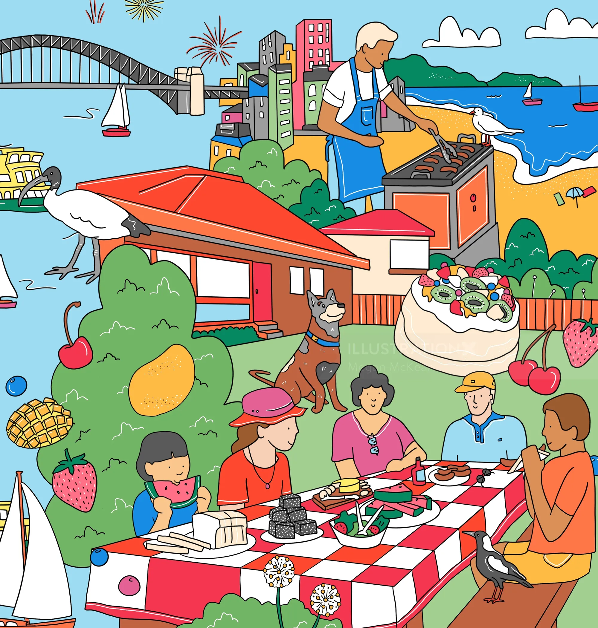 Sydney summer picnic scene with Harbour Bridge and people by Megan McKean