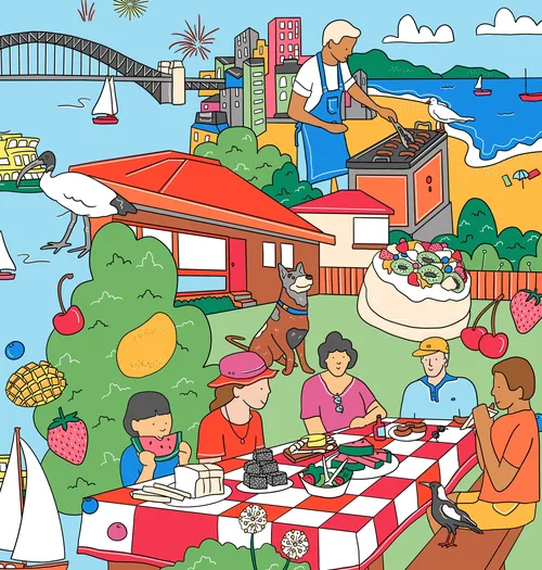 Sydney summer picnic scene with Harbour Bridge and people by Megan McKean