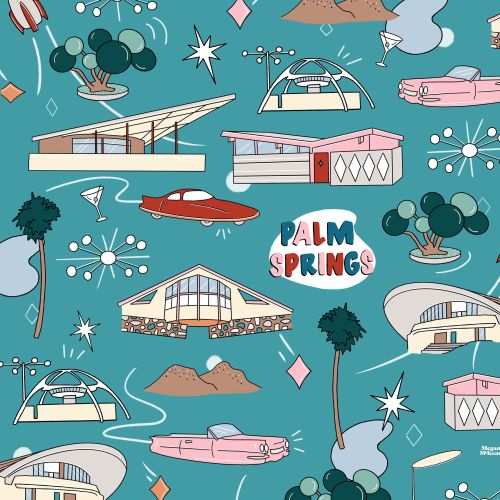 Illustrations of mid-century modern homes and symbols in Palm Springs by Megan McKean