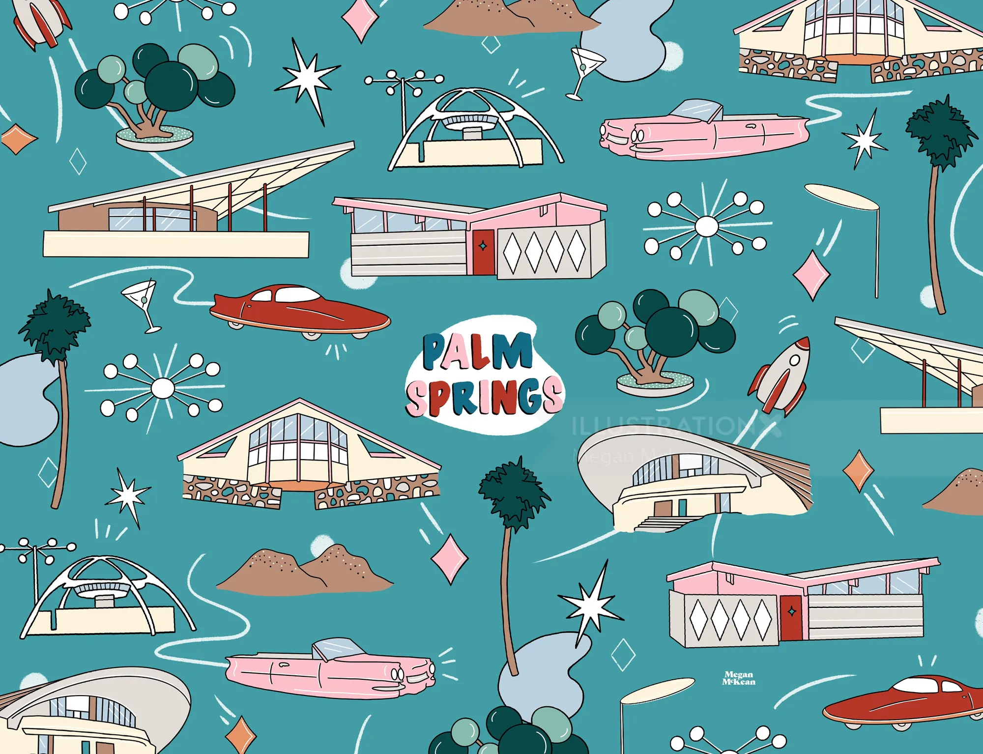 Illustrations of mid-century modern homes and symbols in Palm Springs by Megan McKean