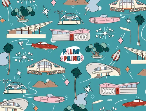 Illustrations of mid-century modern homes and symbols in Palm Springs by Megan McKean