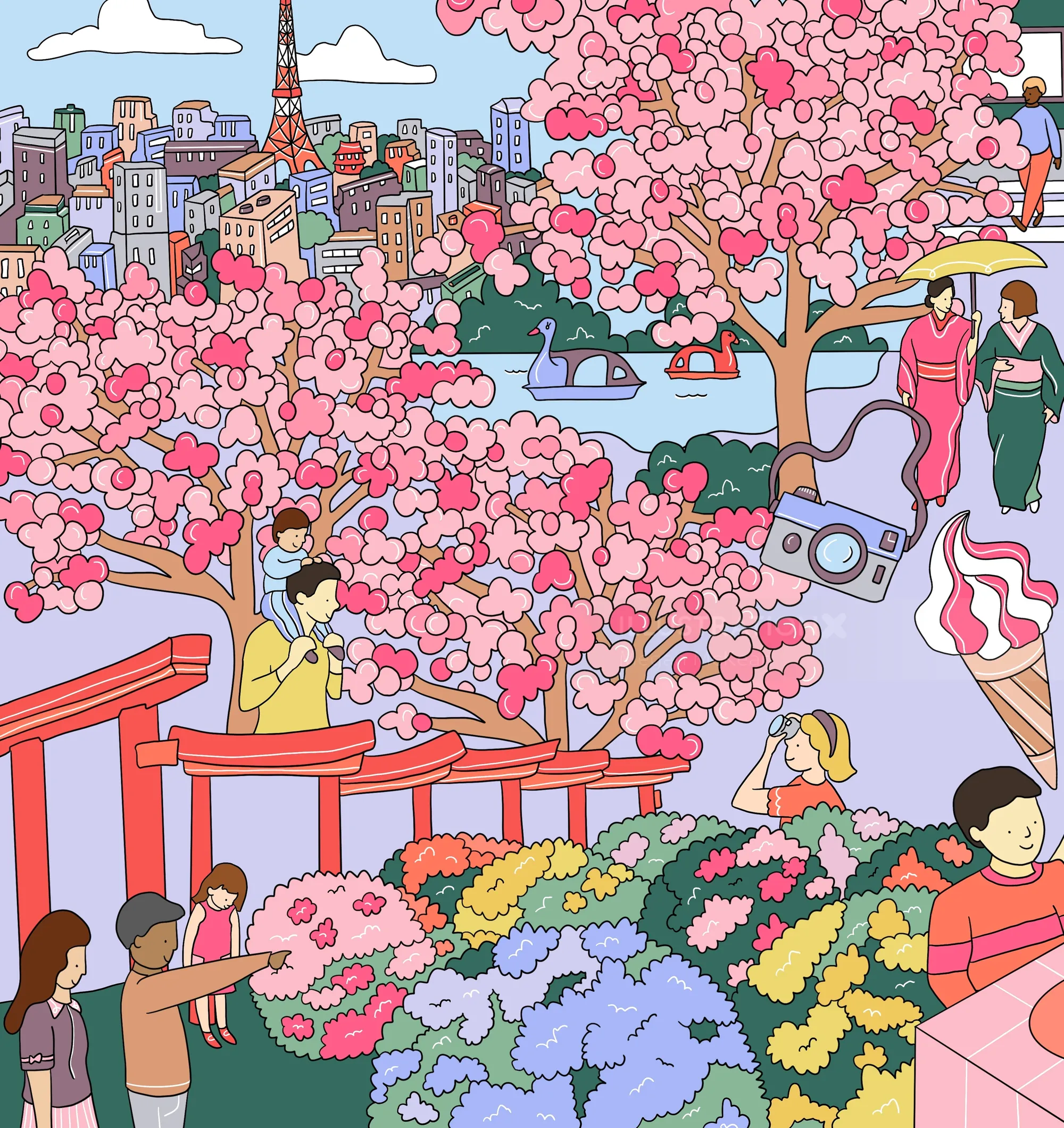 Colorful Tokyo scene with cherry blossoms, people, and city skyline by Megan McKean