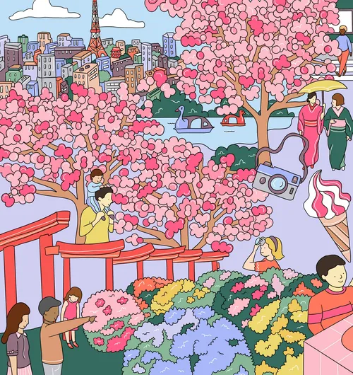 Colorful Tokyo scene with cherry blossoms, people, and city skyline by Megan McKean
