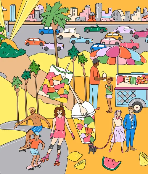 Colorful summer street with roller skaters, fruit stand, and city skyline by Megan McKean