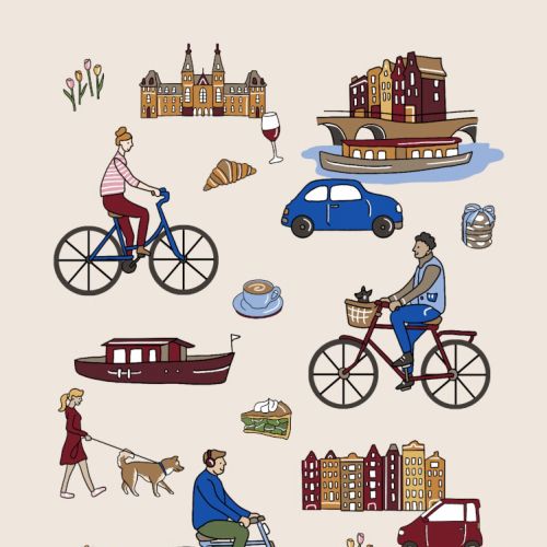 Travel illustration of Amsterdam with iconic symbols