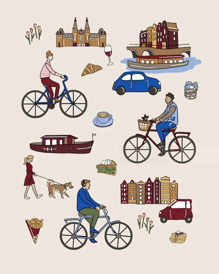 Travel illustration of Amsterdam with iconic symbols