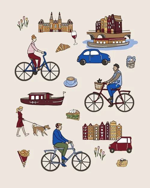 Travel illustration of Amsterdam with iconic symbols
