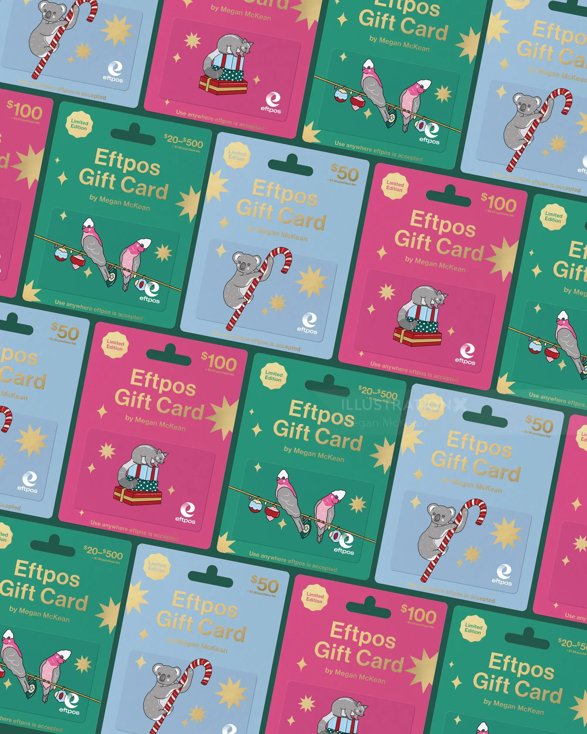 Colourful holiday gift card illustrations for retail