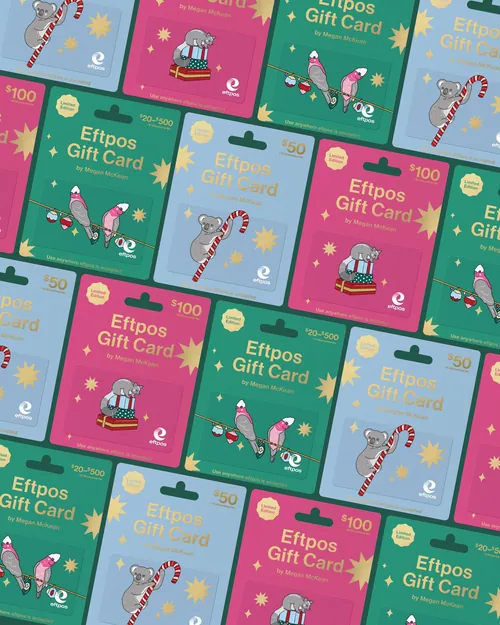 Colourful holiday gift card illustrations for retail