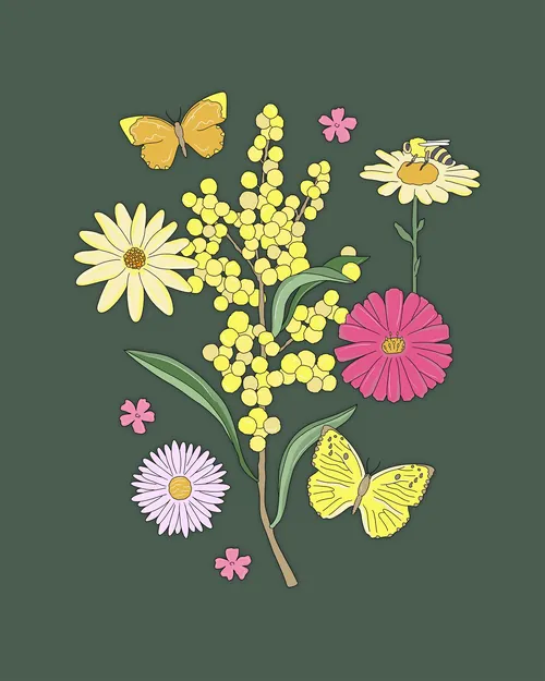 Botanical bouquet with butterflies scene