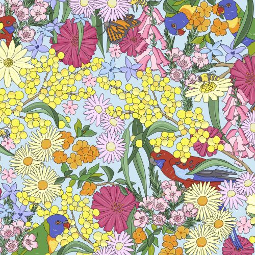 Lush garden artwork featuring wildlife and plants