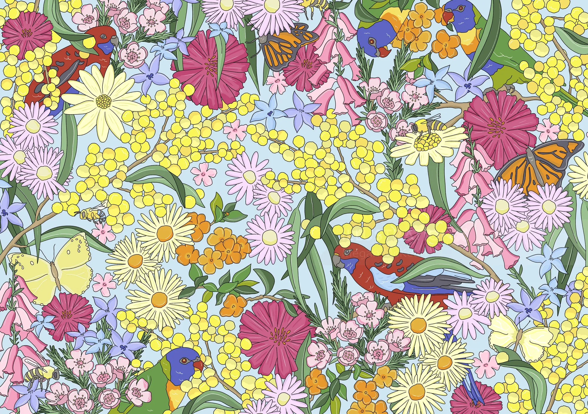 Lush garden artwork featuring wildlife and plants