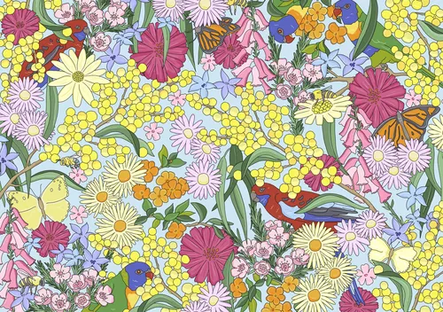 Lush garden artwork featuring wildlife and plants
