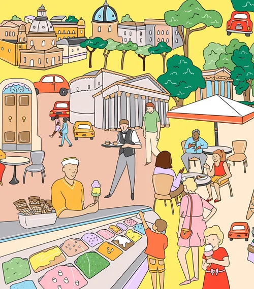 Travel illustration of Rome café lifestyle