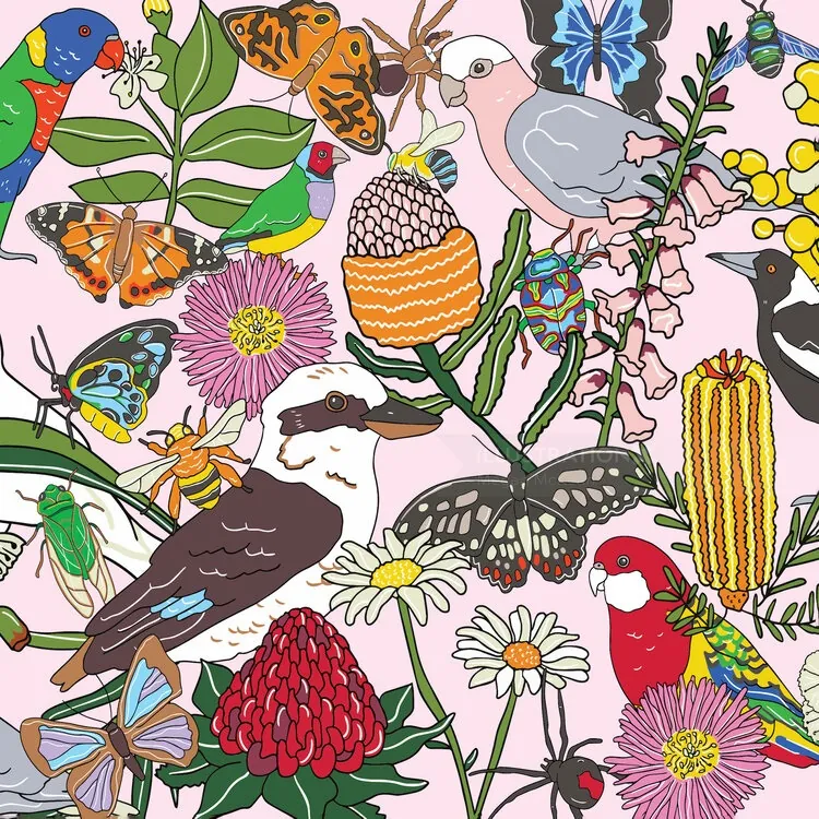 Native Australian plants with birds and insects artwork