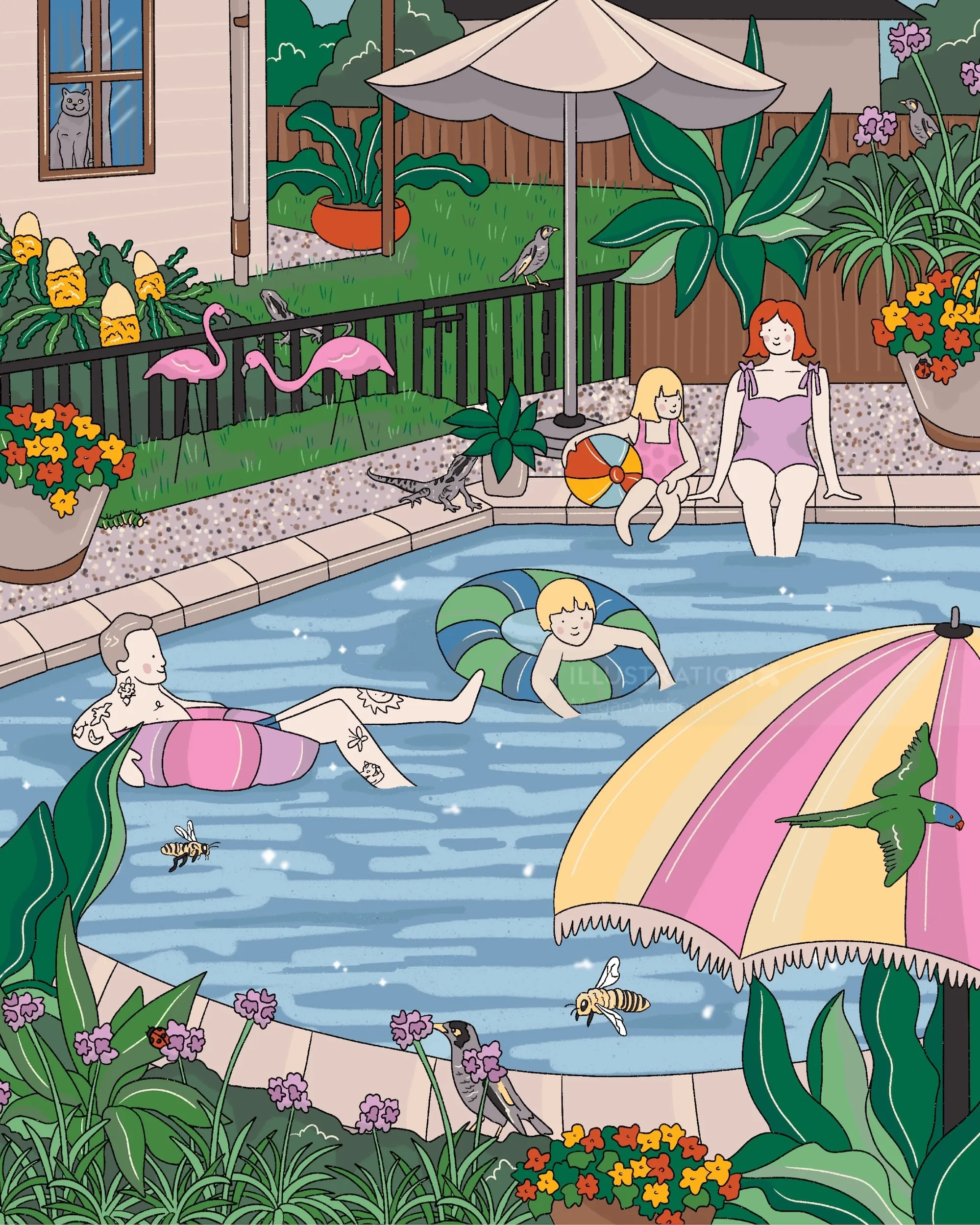 Lifestyle illustration of family by pool in Australia