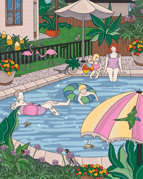 Lifestyle illustration of family by pool in Australia