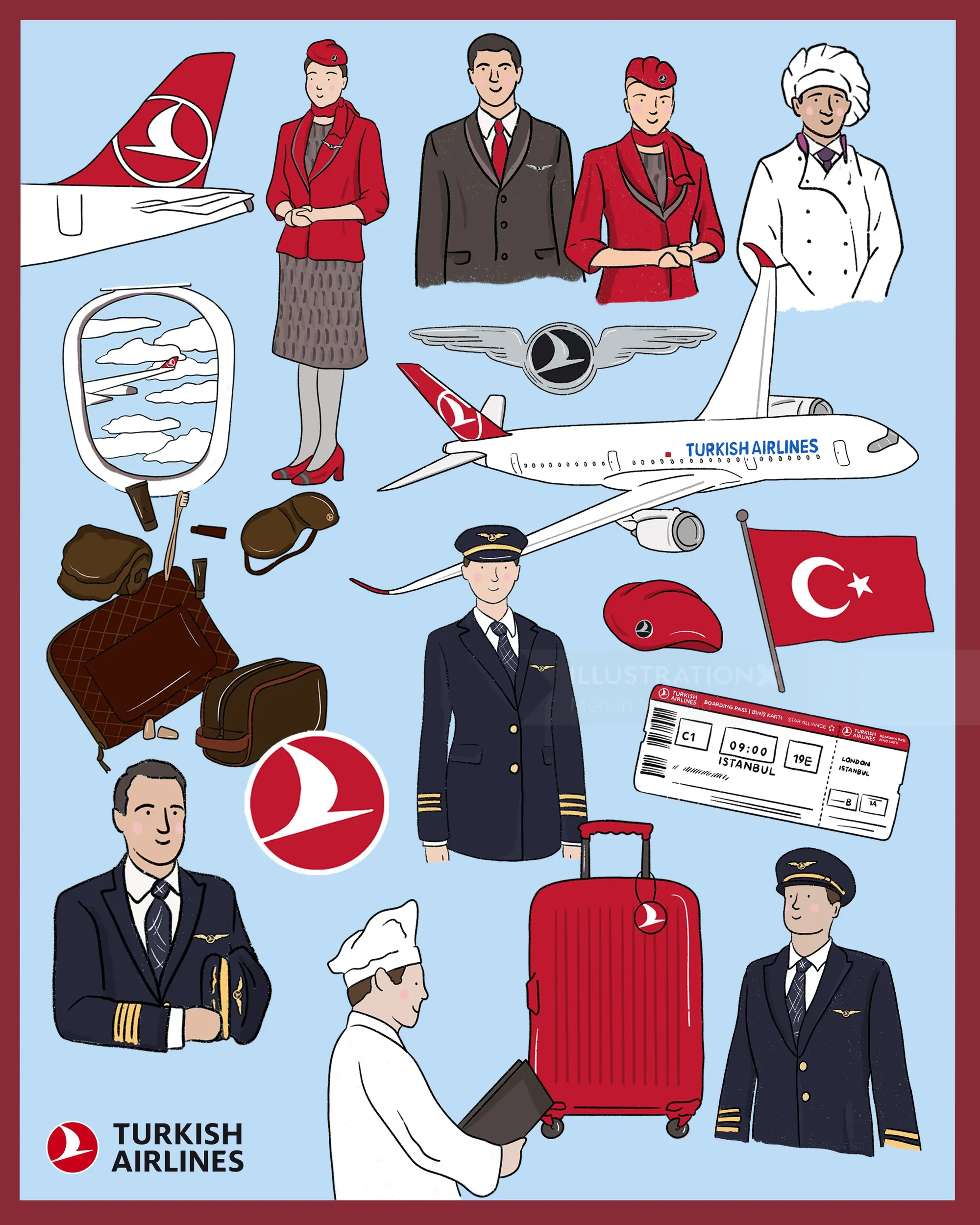 土耳其航空公司机组人员、制服、飞机和设施，由梅根·麦基恩绘制。