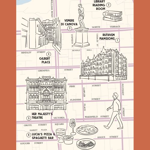 Illustrated Adelaide map by Megan McKean with landmarks and cafes
