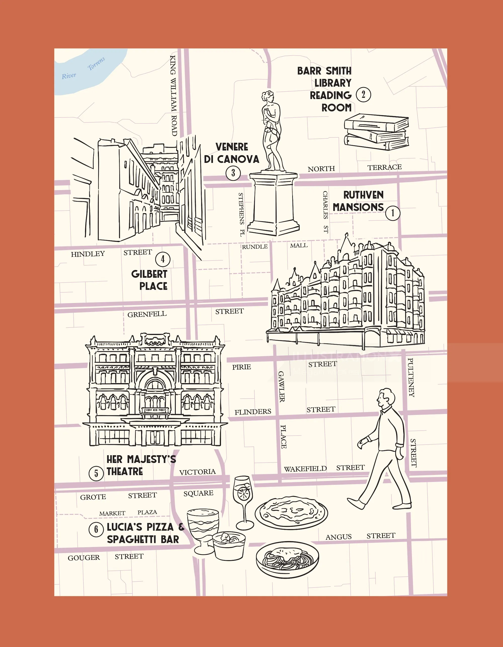 Illustrated Adelaide map by Megan McKean with landmarks and cafes