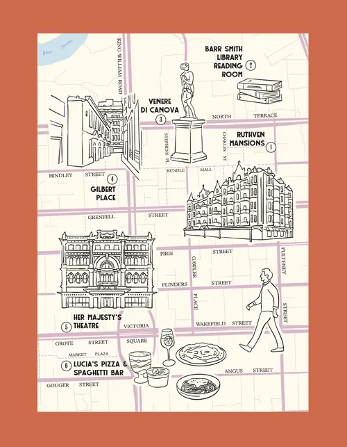 Mapa ilustrado de Adelaide por Megan McKean com pontos turísticos e cafés.