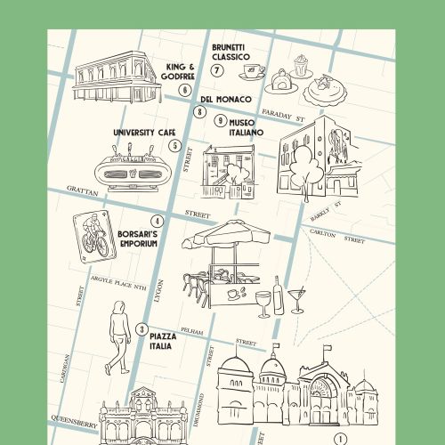Illustrated Carlton map by Megan McKean featuring local landmarks and venues