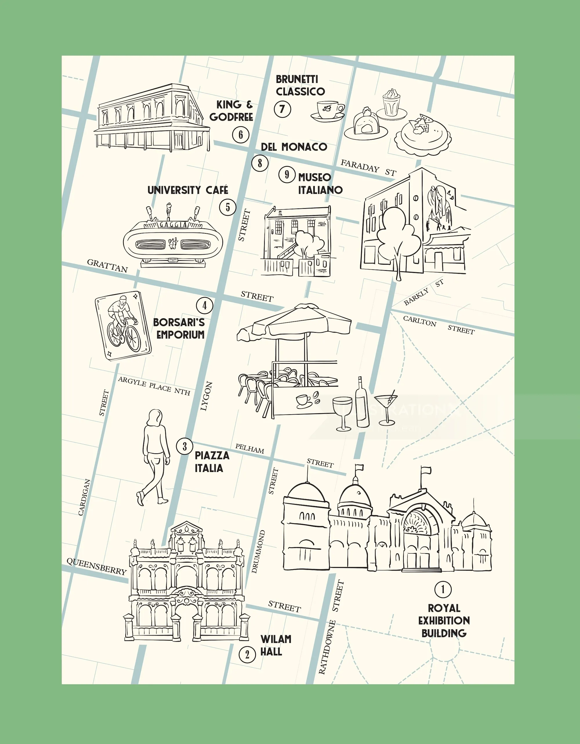 Illustrated Carlton map by Megan McKean featuring local landmarks and venues