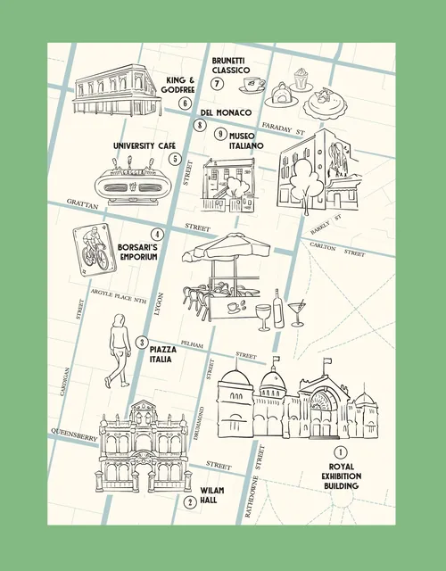 Mapa ilustrado de Carlton por Megan McKean, apresentando pontos de referência e locais de interesse da região.