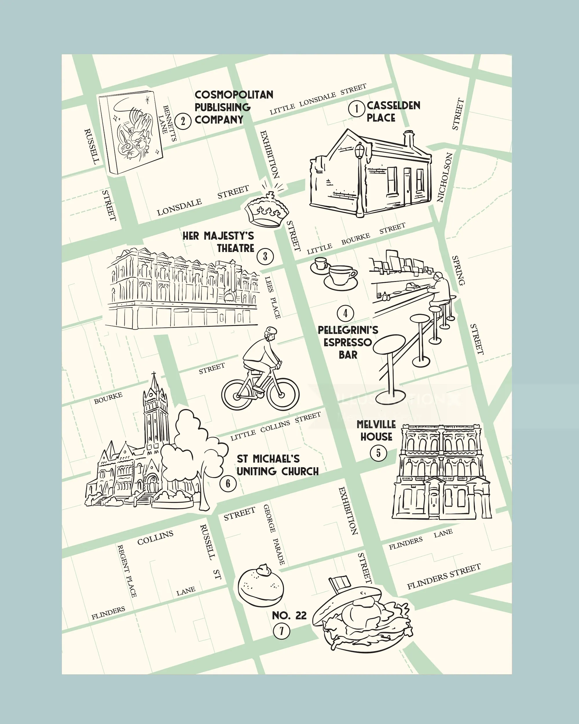 Illustrated Melbourne city map by Megan McKean