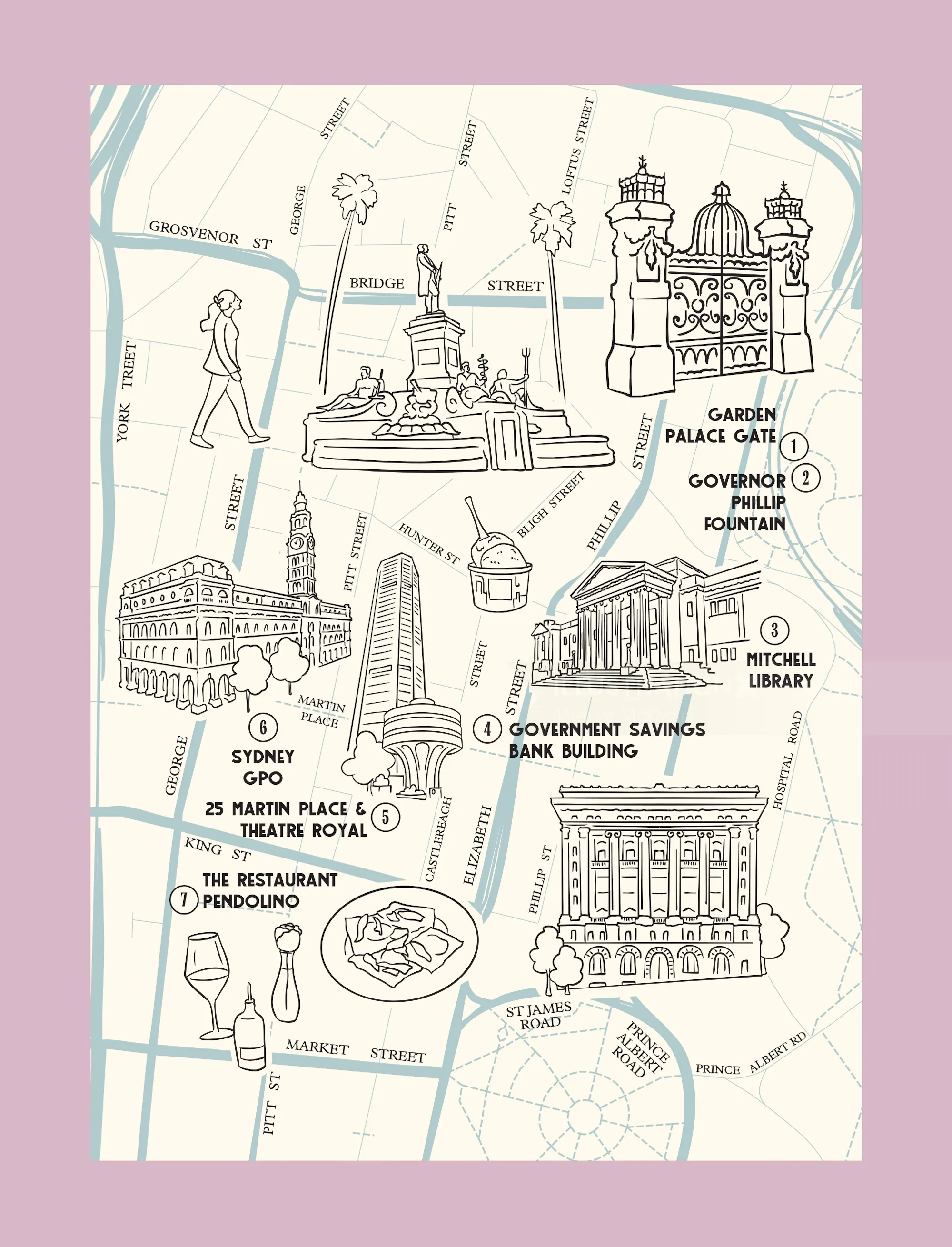 Illustrated Sydney map by Megan McKean showing central landmarks and streets