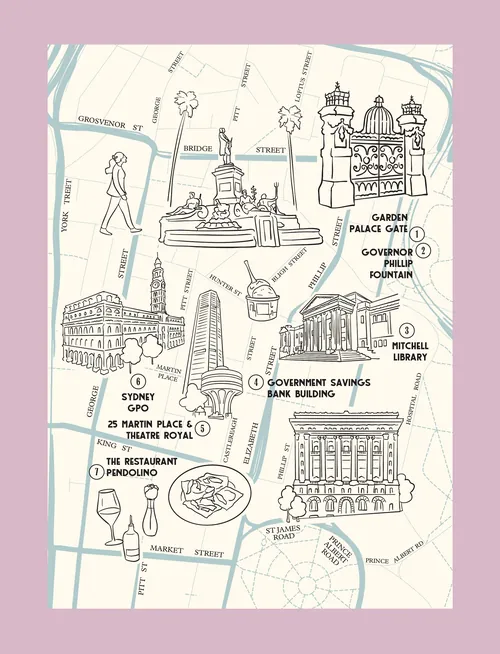 Mapa ilustrado de Sydney por Megan McKean, mostrando os principais pontos de referência e ruas da cidade.