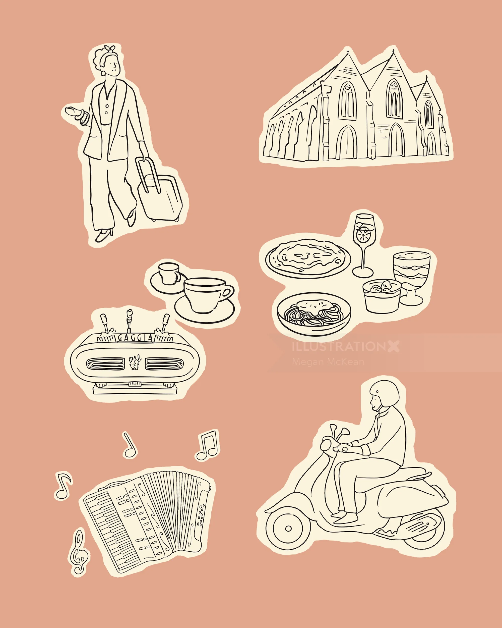 Illustrations including a woman, church, food, scooter, accordion by Megan McKean