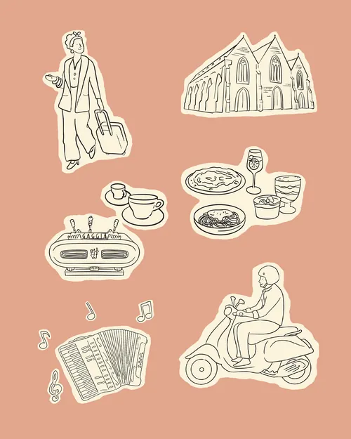 Ilustrações de Megan McKean, incluindo uma mulher, igreja, comida, scooter e acordeão.