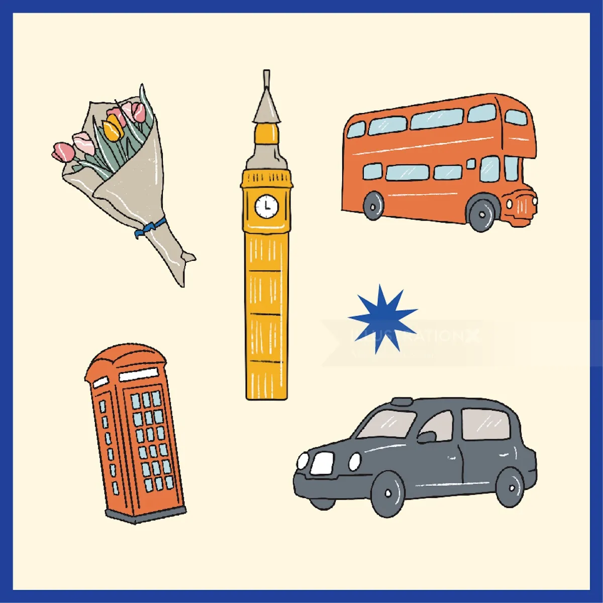 Illustration of London icons including Big Ben, double-decker bus, taxi, telephone box, flower bouqu