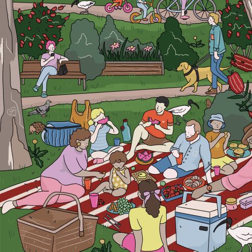 Outdoor family picnic scene with children, adults, and dogs in park by Megan McKean