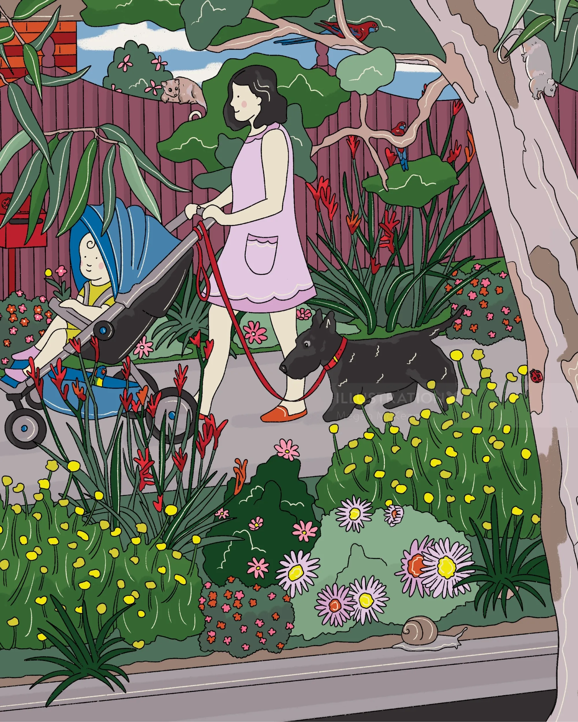 Woman pushing stroller and walking dog in Australian suburban garden by Megan McKean