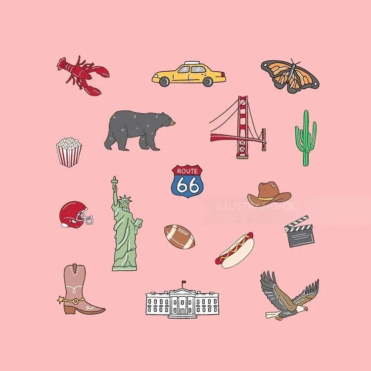 Illustration of American icons including Statue of Liberty, Route 66, Golden Gate Bridge by Megan Mc